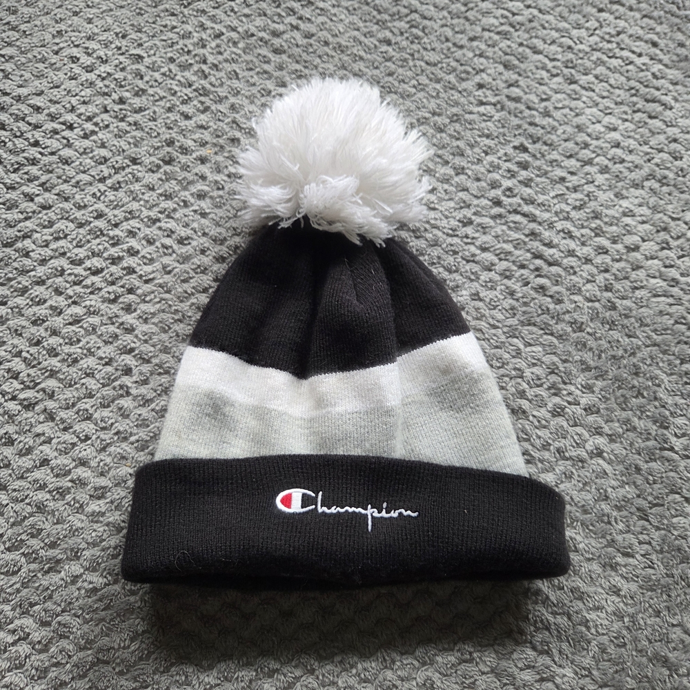 Champion Black and White Beanie with Pom-Pom